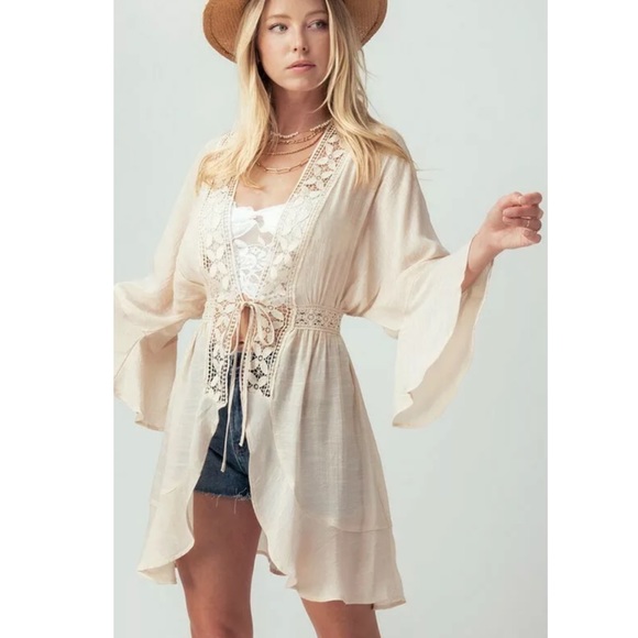 CLEARANCE Natural Boho Crochet Ruffle Bell Sleeve Cardigan - Picture 3 of 4